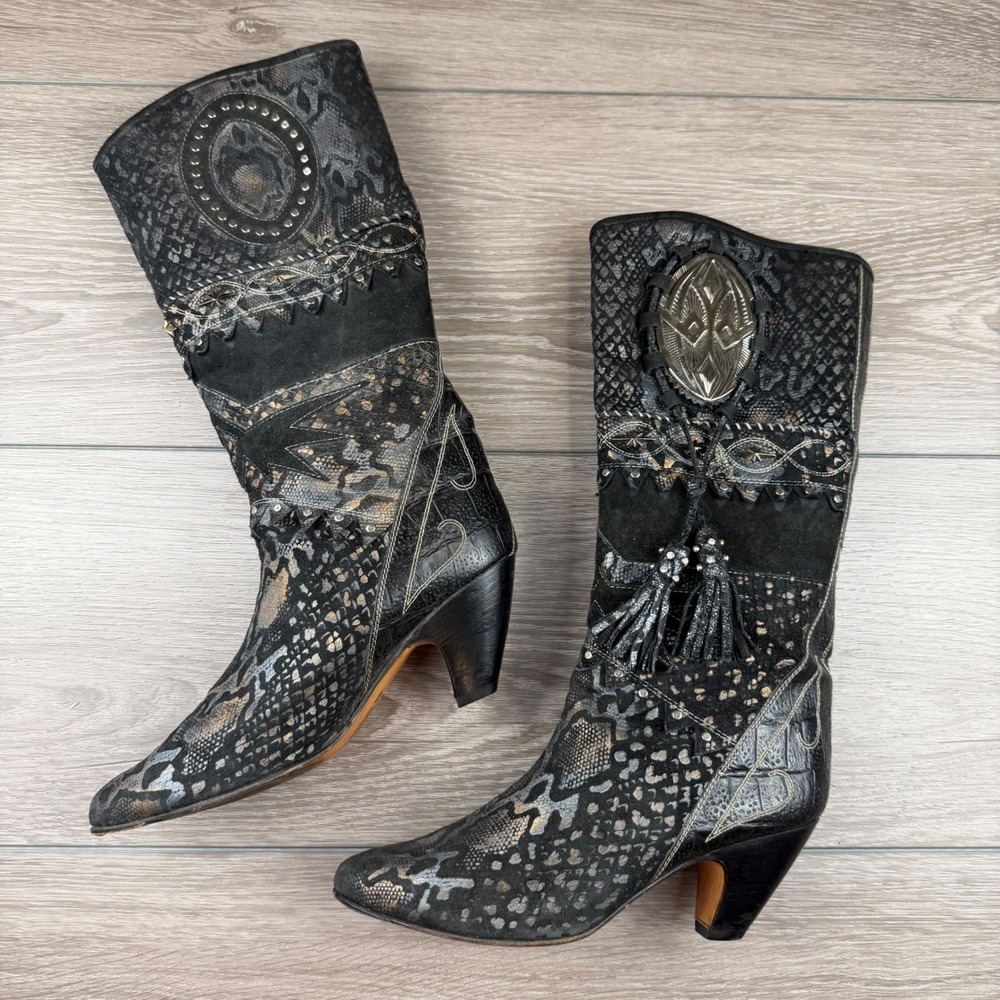 El Vaquero Women Boots Western Snake Embossed Tassel Black 40